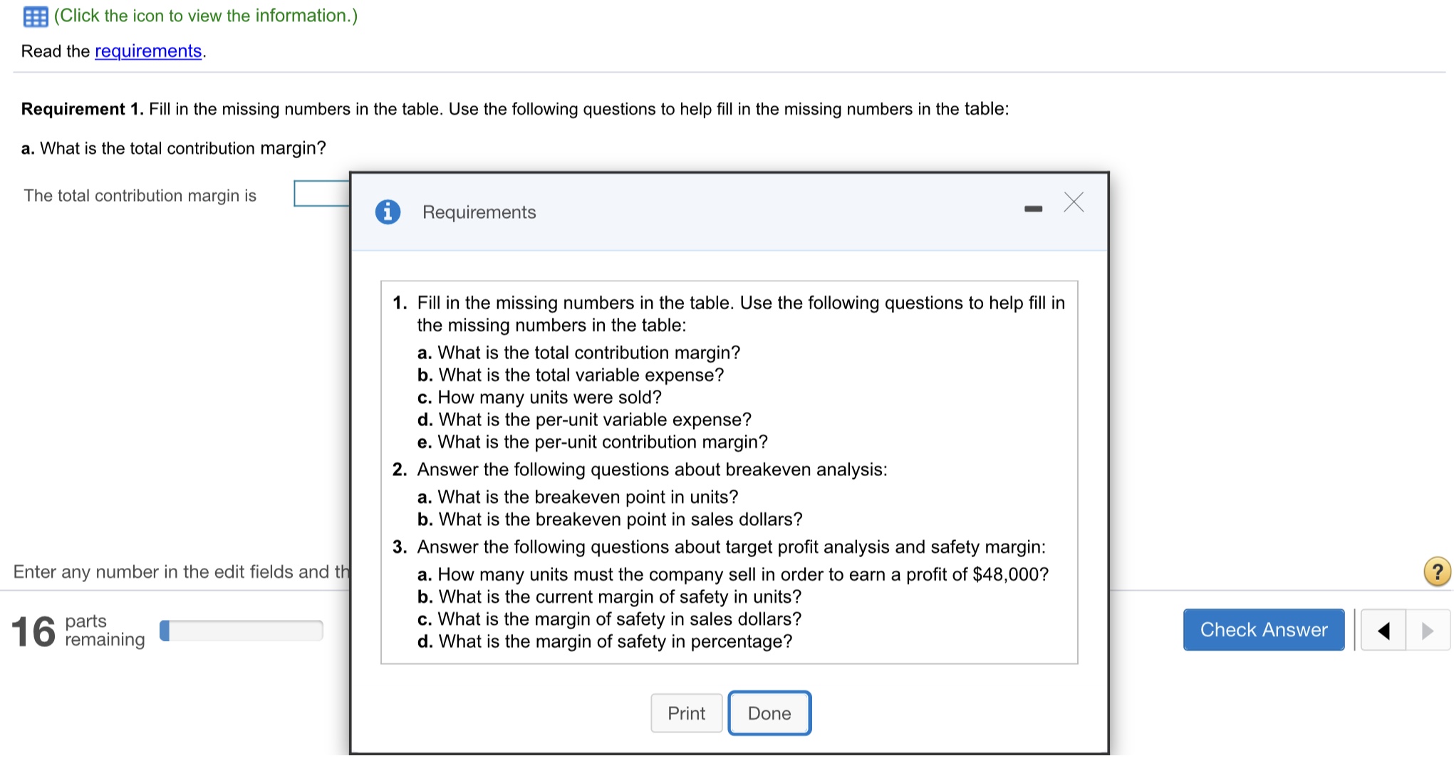 single product. The company's sales and expenses for last year follow: (Click