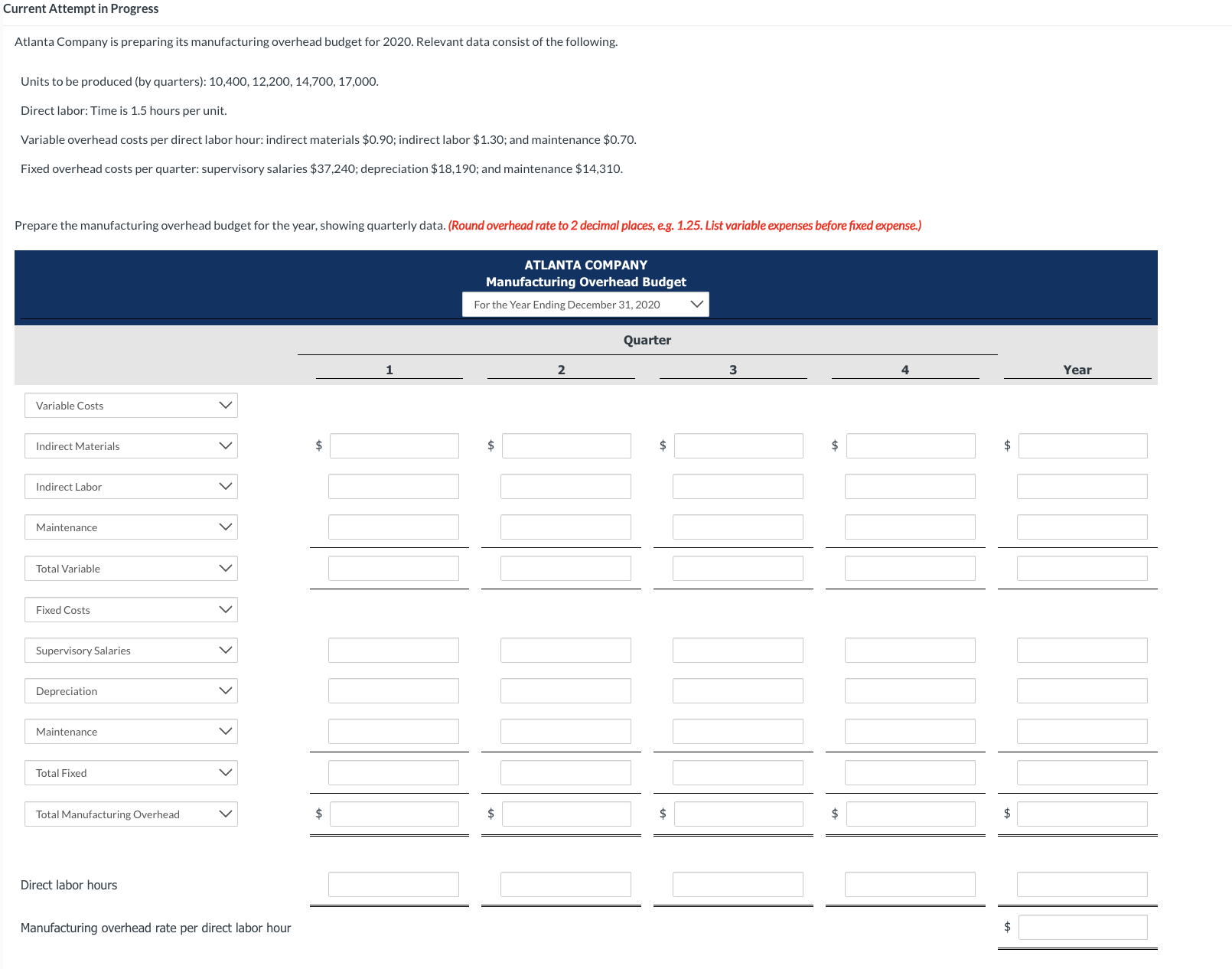 Current Attempt in Progress Atlanta Company is preparing its manufacturing overhead