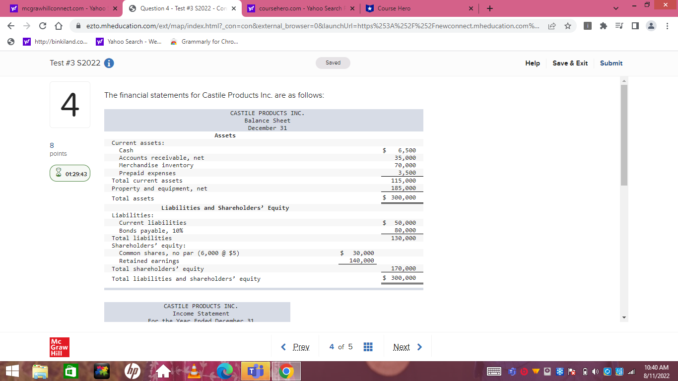  y/ mcgrawhillconnect.com - Yahoo x Question 4 - Test #3 52022