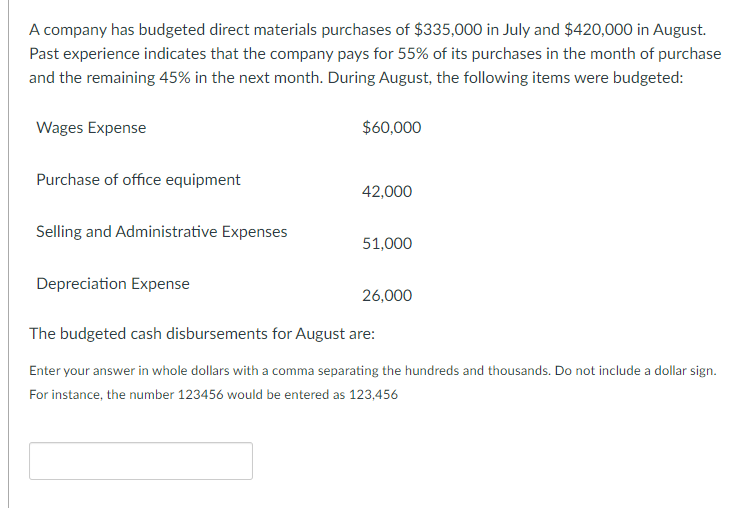 please help answer A company has budgeted direct materials purchases of $335,000