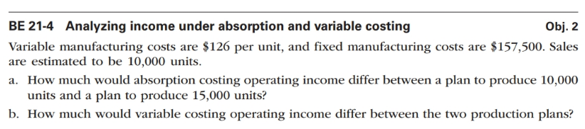  BE 21-4 Analyzing income under absorption and variable costing 0b]. 2