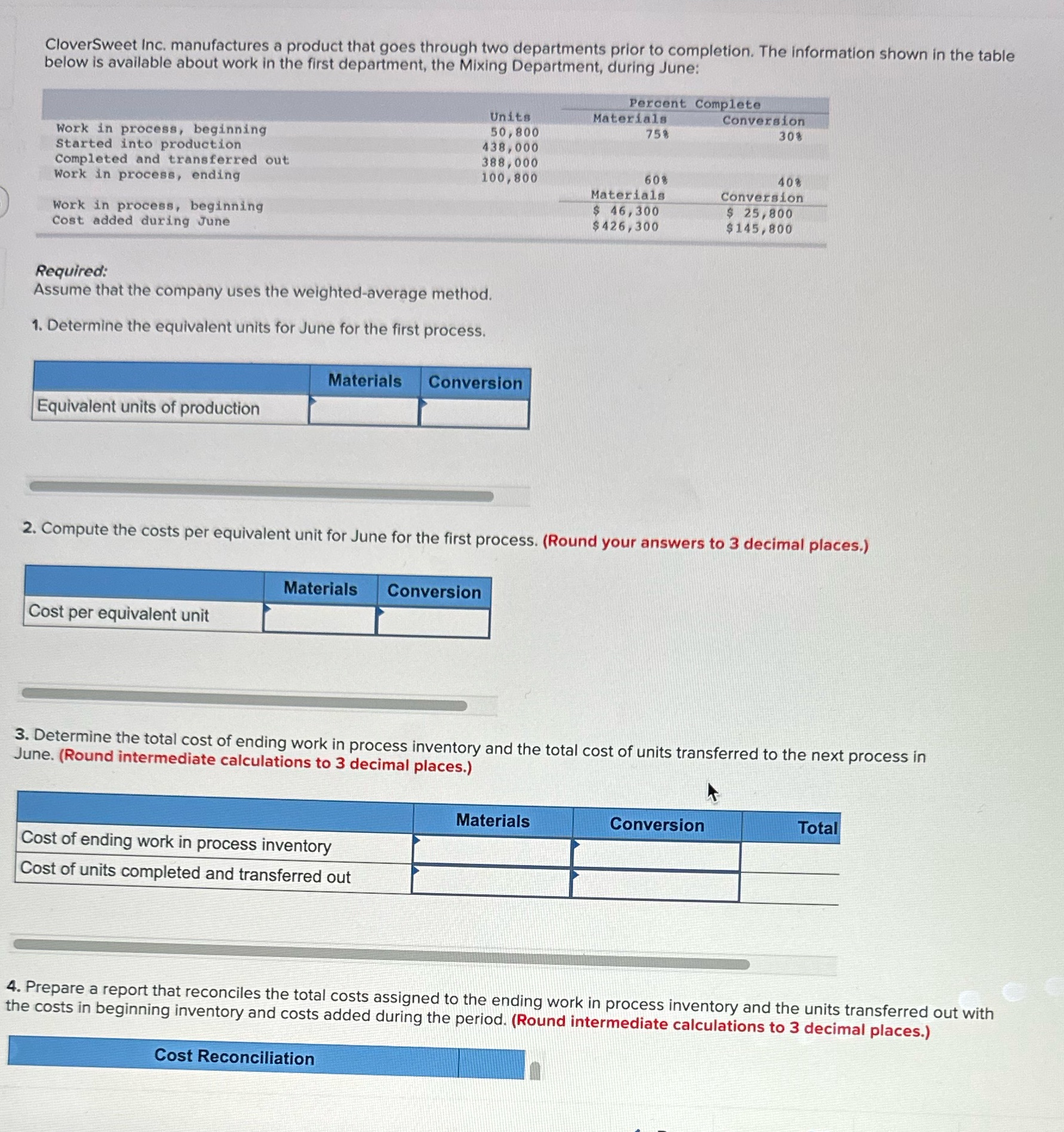 Part 4: cost reconciliation order should be : - Costs to be
