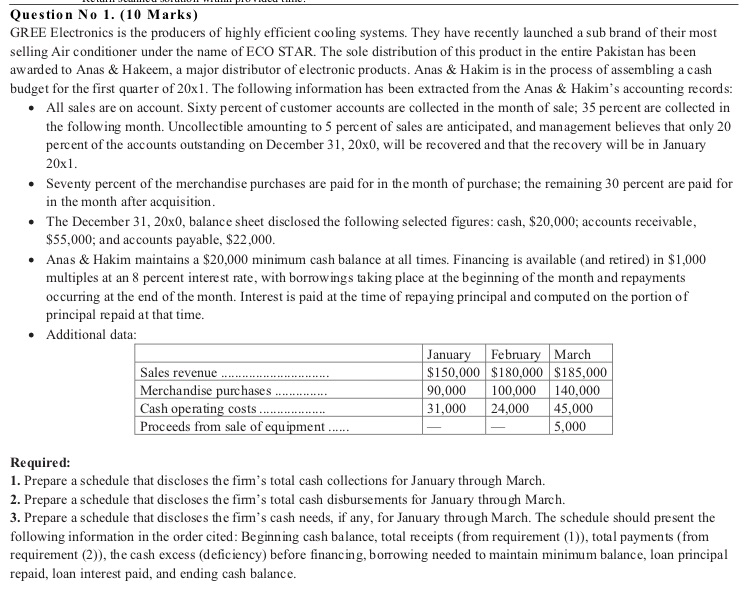 Please answer asap Question No 1. (10 Marks) GREE Electronics is the