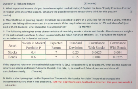  Question 6: Risk and Return (22 marks] A. What important lessons
