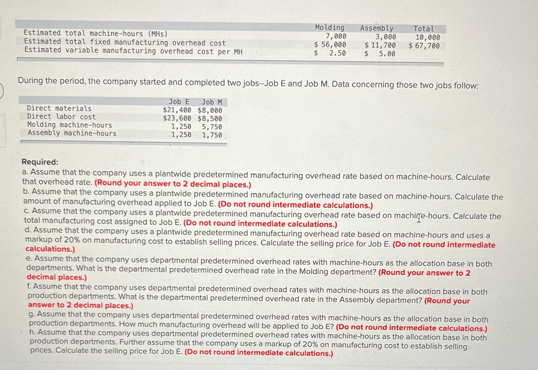 Help asap! Thank u! ,, ' Molding Assembly Total Estimated total machinehours
