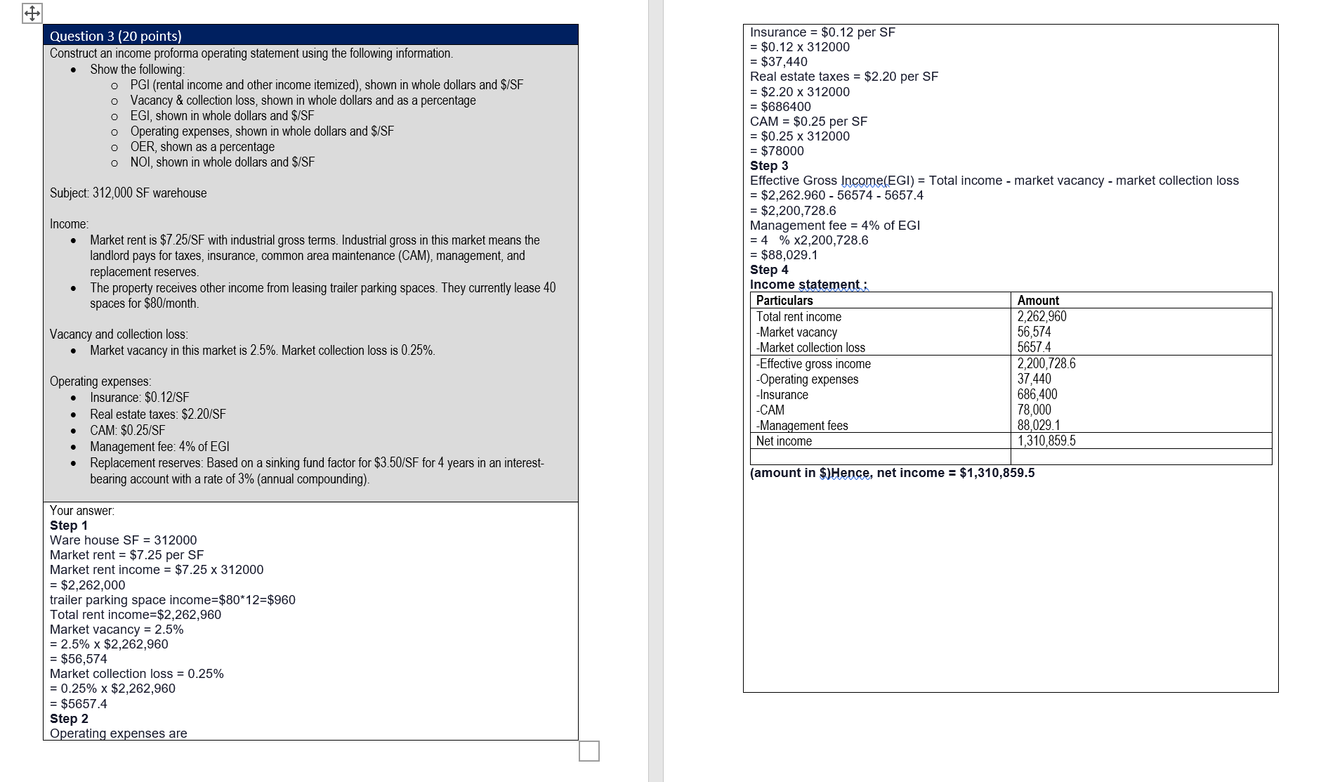  Question 3 (20 points) Constnrct an Income proforma operating statement using