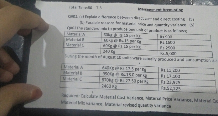 please solved this question Total Time:50 T-3 Management Accounting Q#01. (a) Explain