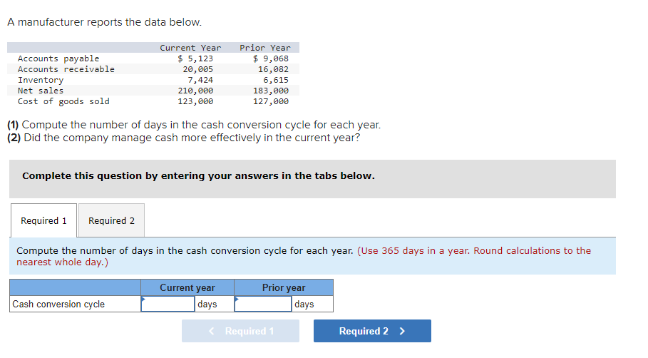 A manufacturer reports the data below. Current Year Prior Year Accounts