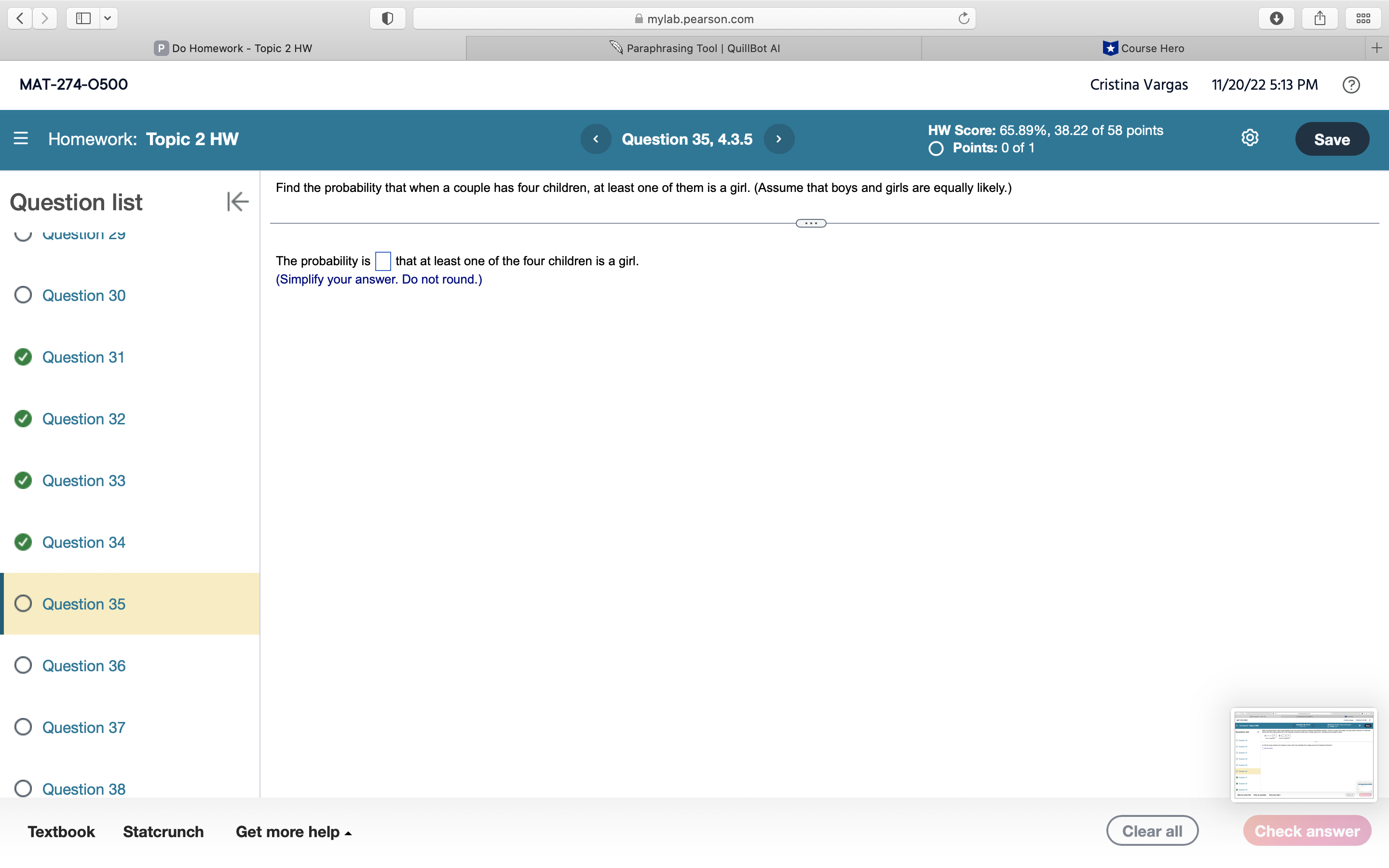 11/20/22 5:13 PM Homework: Topic 2 HW Question 29, 4.2.27 HW Score: