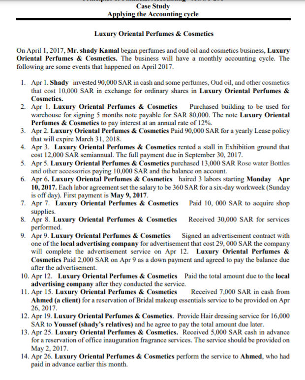 Case Study Applying the Accounting cycle Luxury Oriental Perfumes & Cosmetics