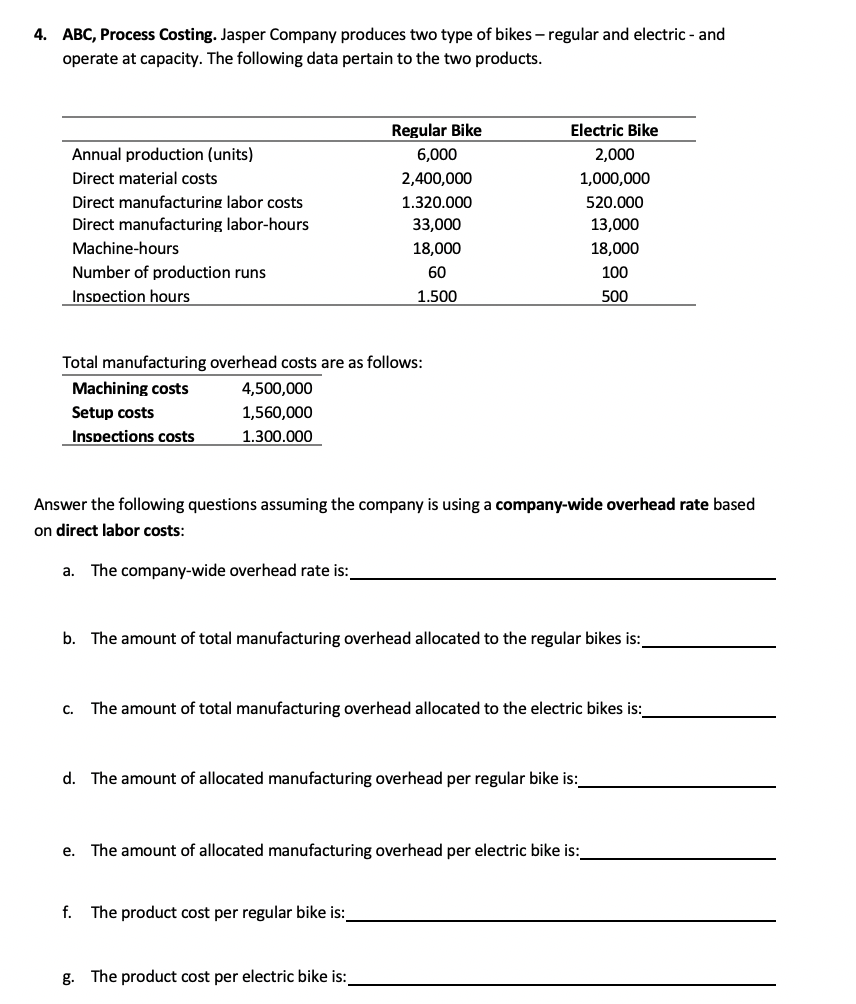 Need help answering this exercise 4. ABC, Process Costing. Jasper Company produces