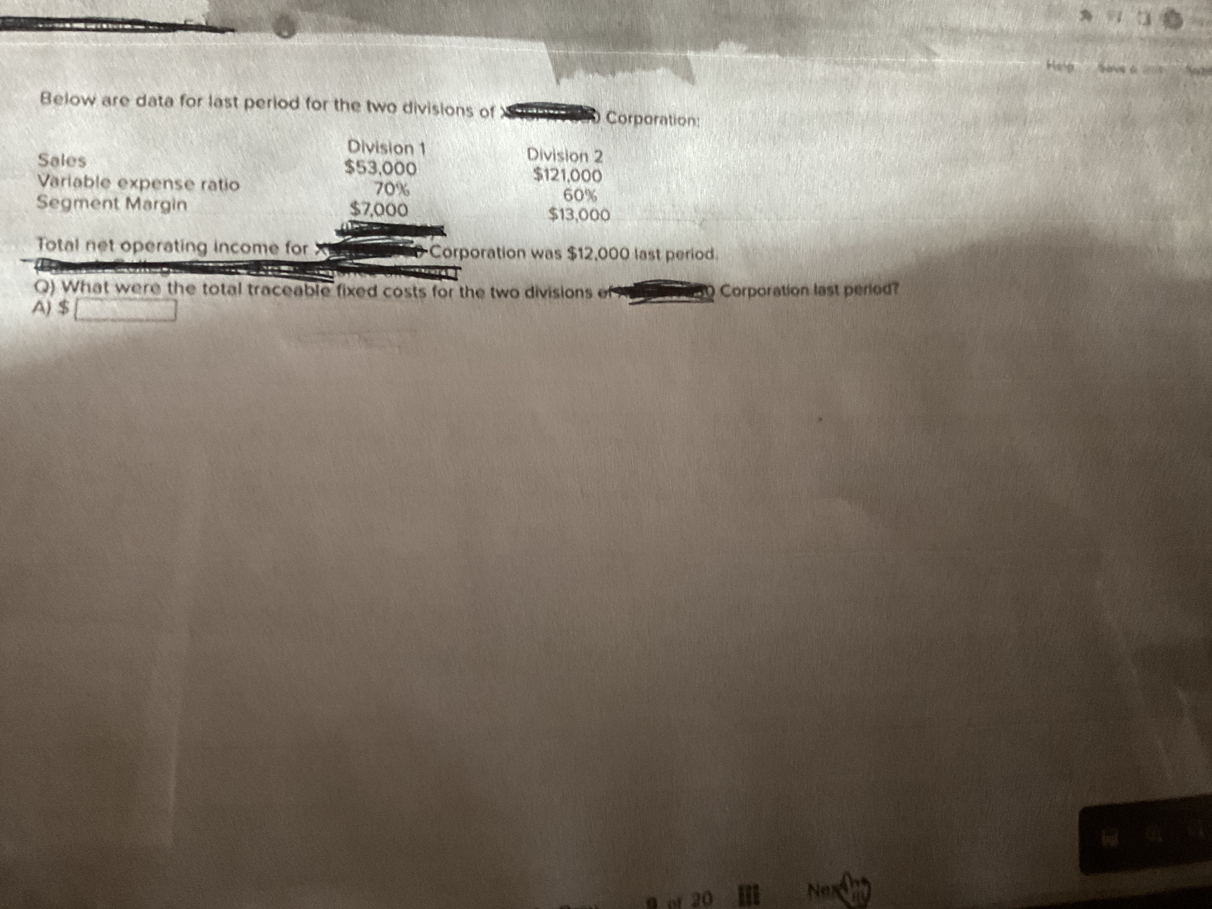 Below are data for last period for the two divisions of