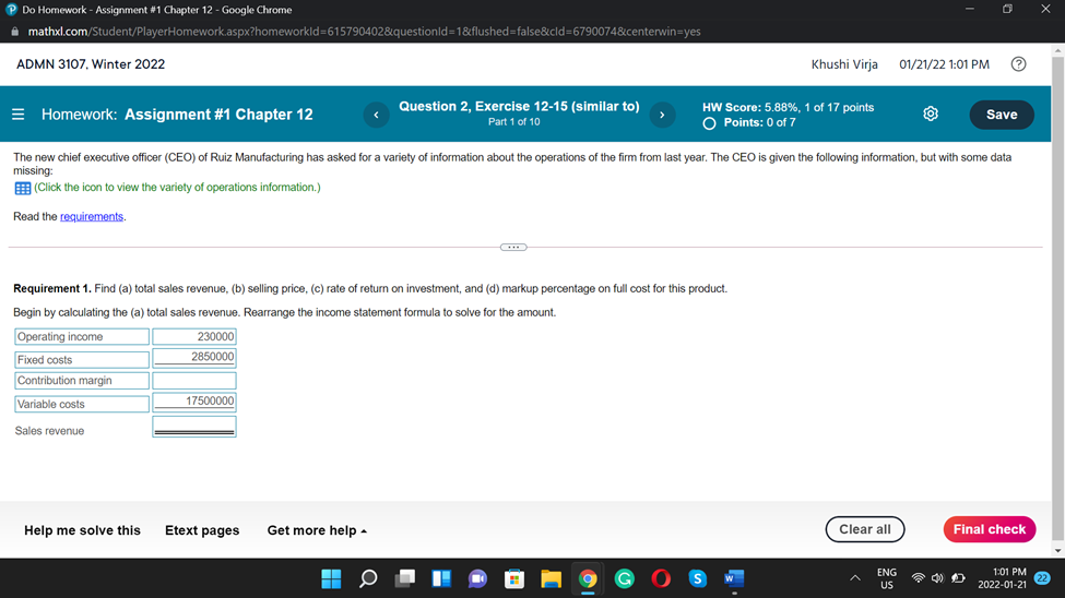  Do Homework - Assignment #1 Chapter 12 - Google Chrome X