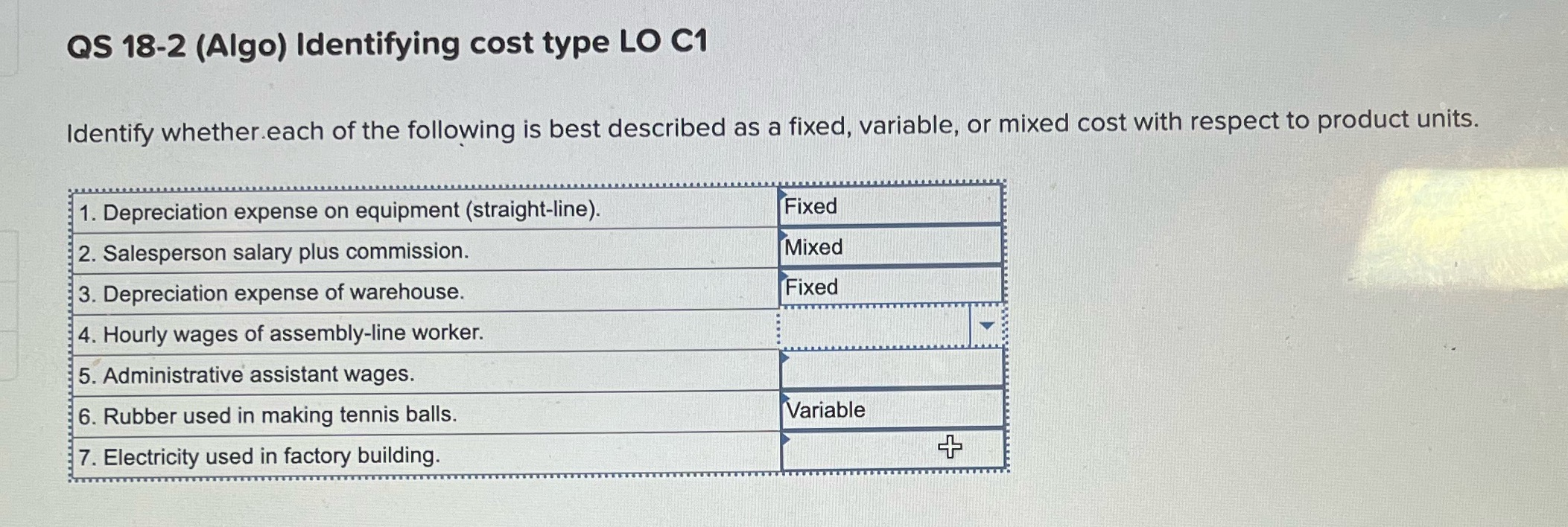  QS 18-2 (Algo) Identifying cost type LO C1 Identify whether each