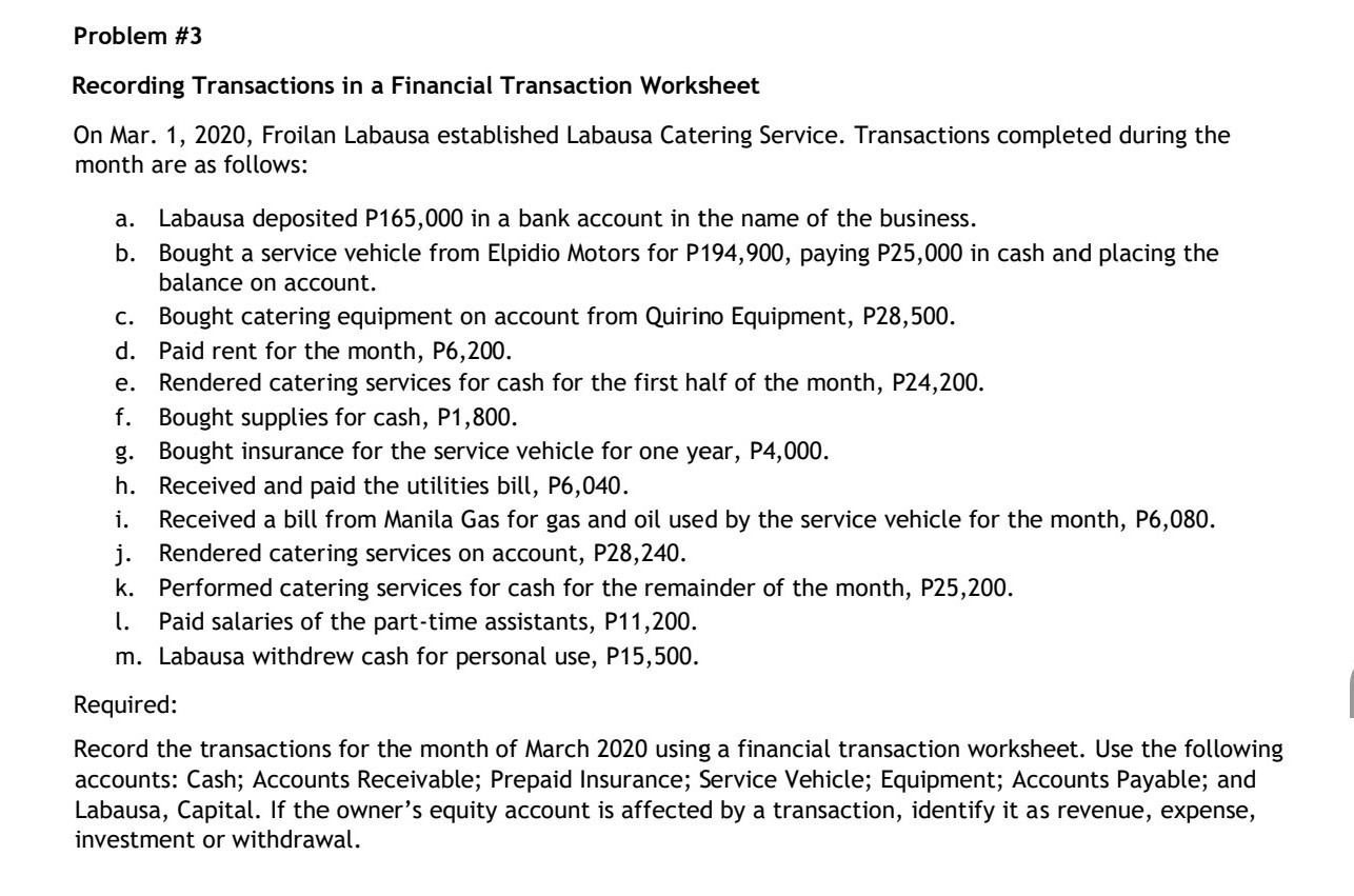 Please answer this thank you Record the transaction using Financial transaction worksheet