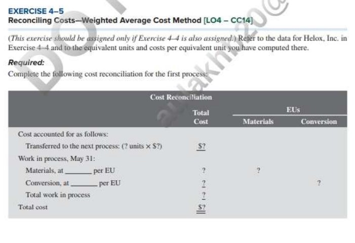  EXERCISE 4-5 Reconciling Costs-Weighted Average Cost Method [LO4 - CC14] (This