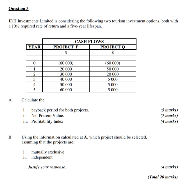 what is the payback period for both projects Question 3 JDH Investments