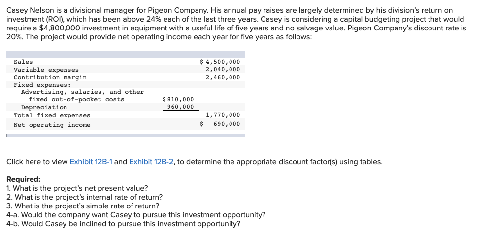 Please Help Solve Casey Nelson is a divisional manager for Pigeon Company.