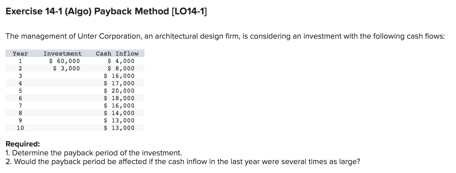Exercise 14-1 (Algo) Payback Method [LO14-1] Exercise 14-1 (Algo) Payback Method [L014-1]