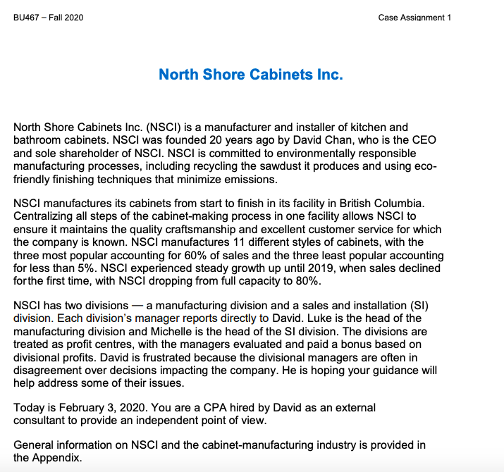  BU467 - Fall 2020 Case Assignment 1 North Shore Cabinets Inc.