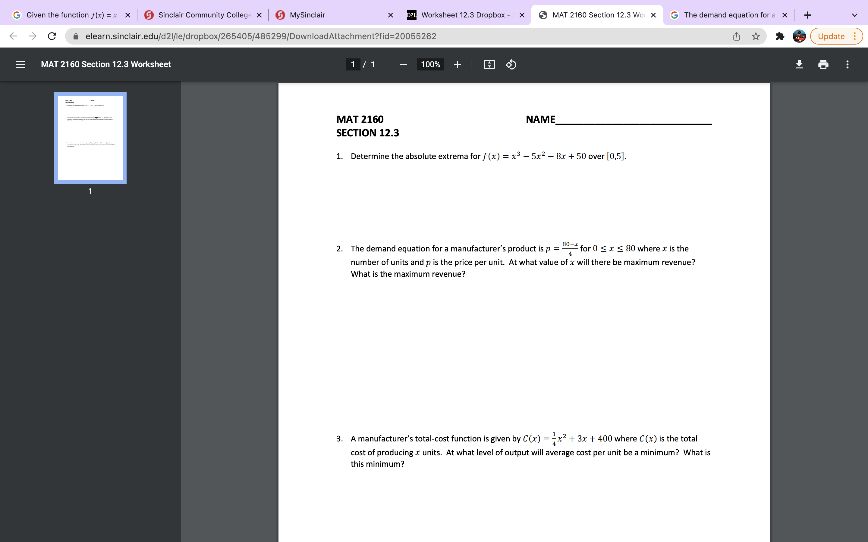  G Given the function f(x) = x X 5 Sinclair Community