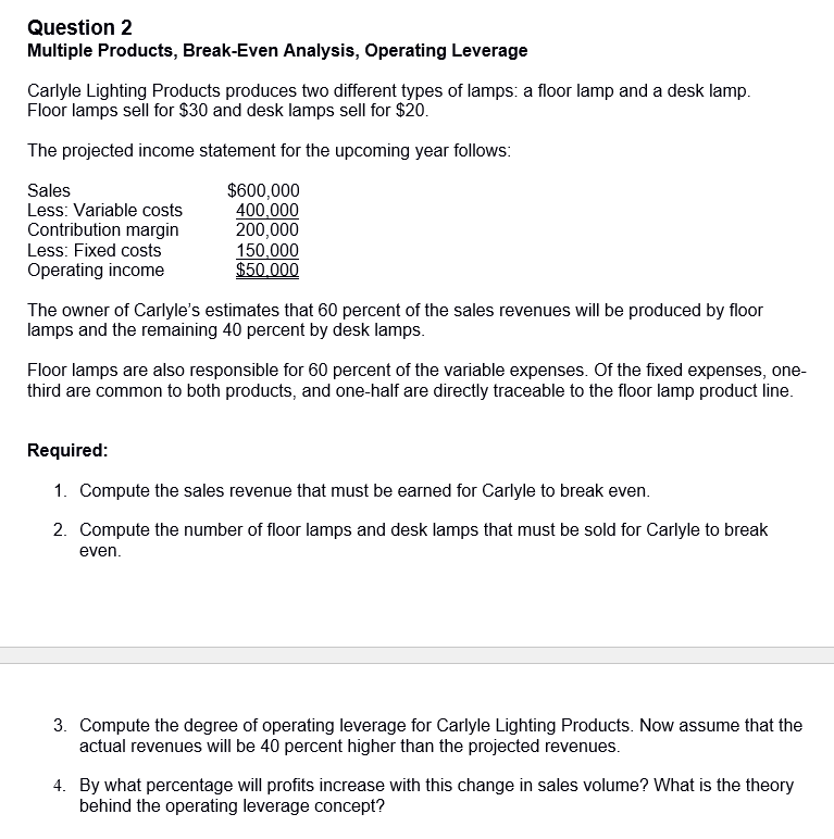Question 2 Multiple Products, Break-Even Analysis, Operating Leverage Carlyle Lighting Products