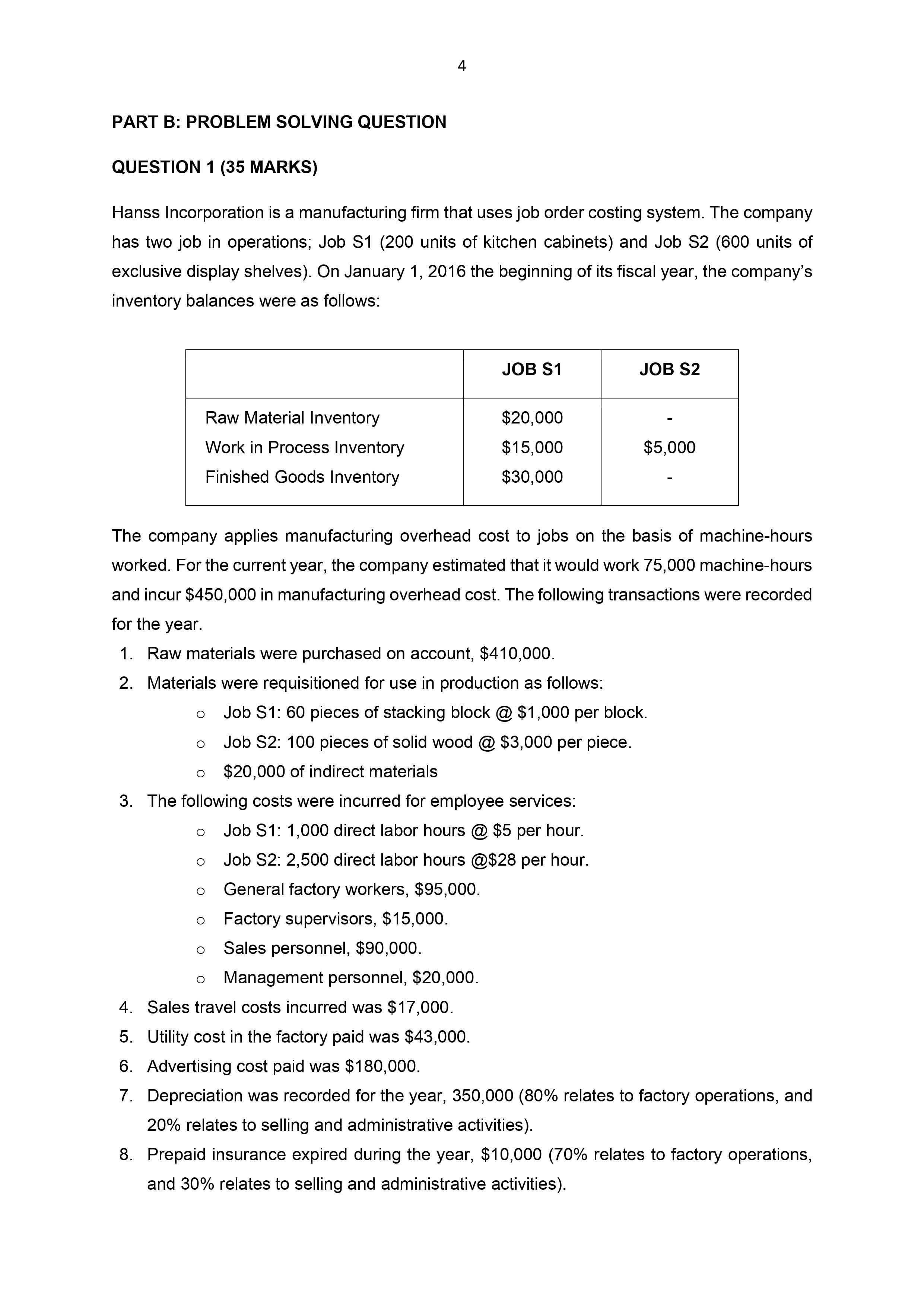  PART B: PROBLEM SOLVING QUESTION QUESTION 1 (35 MARKS) Hanss Incorporation