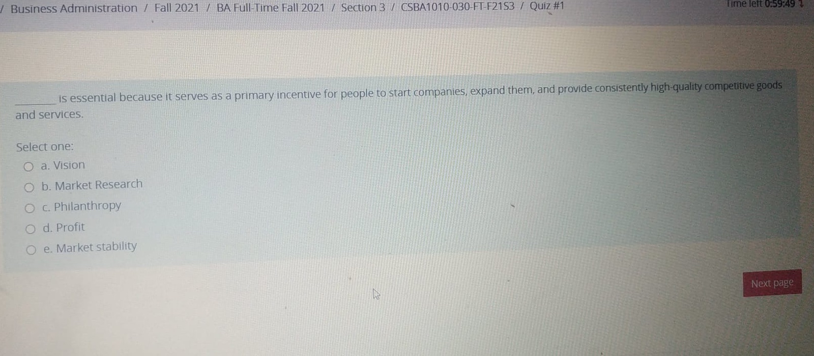 Ques. 1 Business Administration / Fall 2021 / BA Full-Time Fall 2021