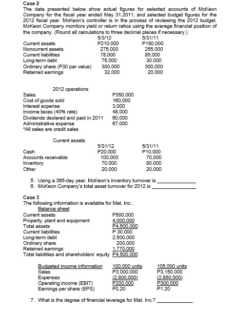 Case 2 The data presented below show actual figures for selected