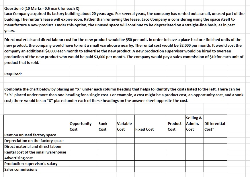  Question 6 [10 Marks 0.5 mark for each x] Laco Company