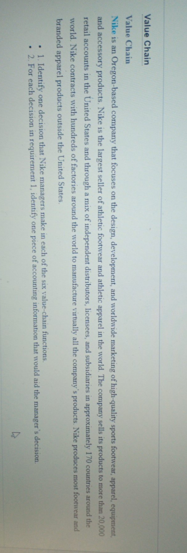 value chain Value Chain Value Chain Nike is an Oregon-based company that