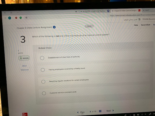 X myUT ... O https:/ewconnect.mheducation.com/flow/conn TOSHIBA Chapter 6 Video Lecture Assignment (