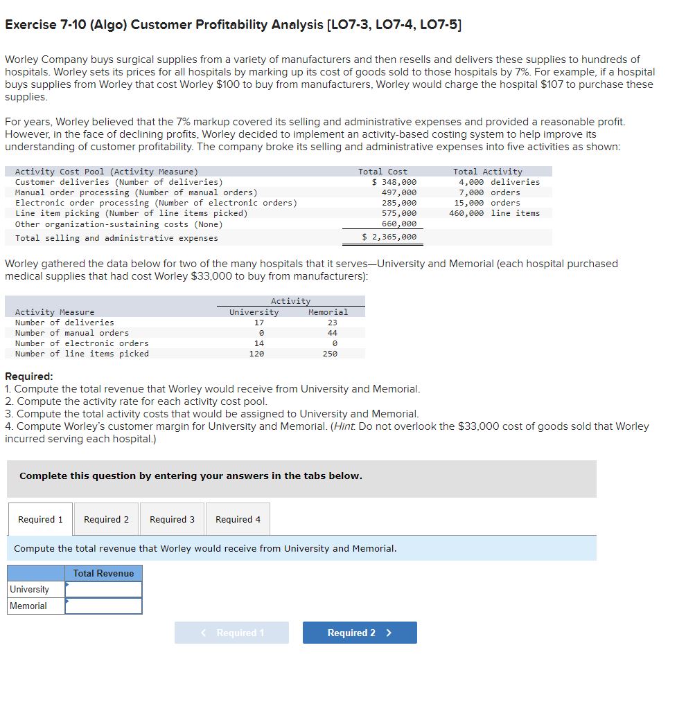  Exercise 7-10 [Algo) Customer Protability Analysis [LO7-3, L074, L075] Worley Company