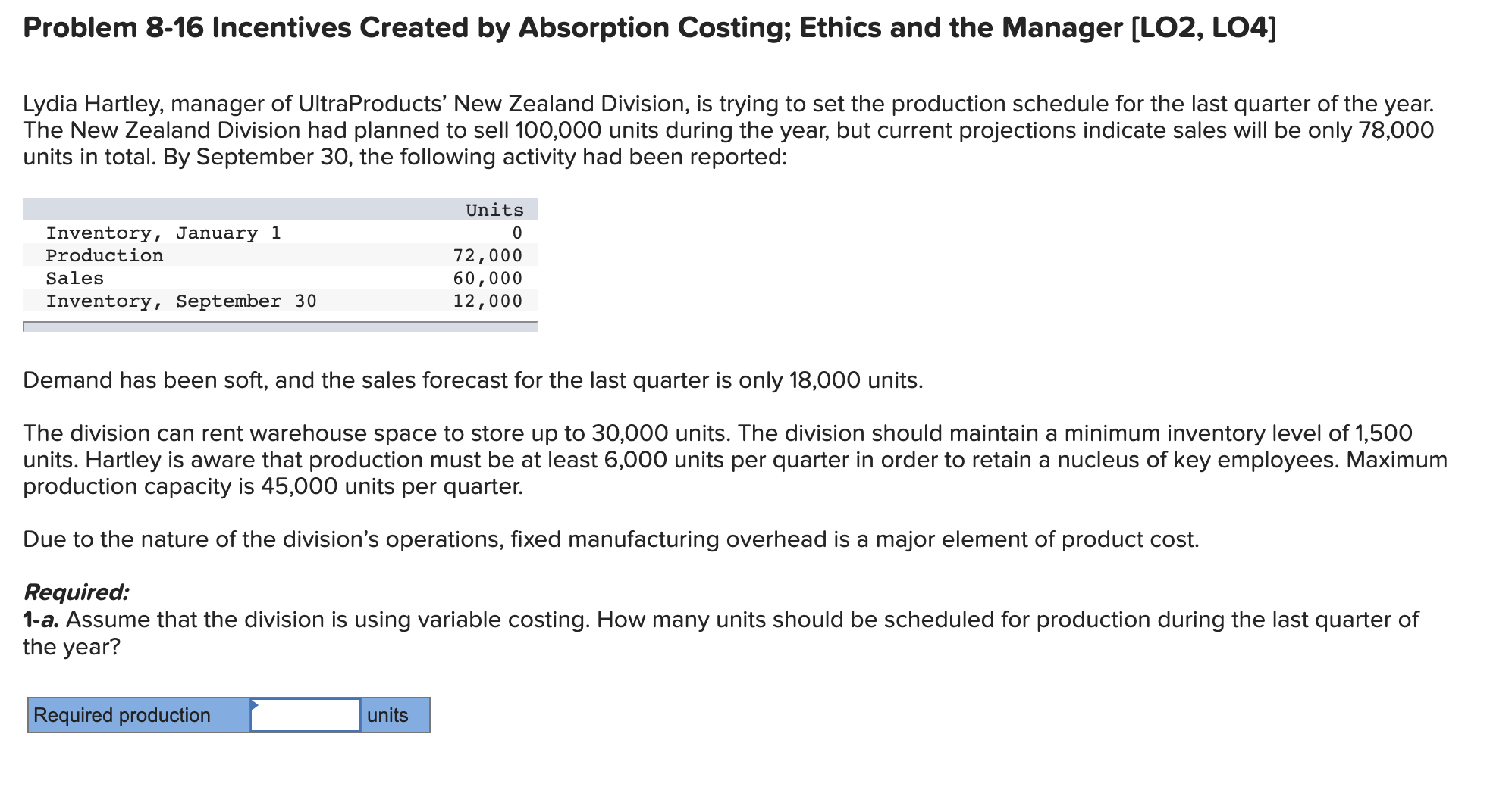  Problem 8-16 Incentives Created by Absorption Costing; Ethics and the Manager