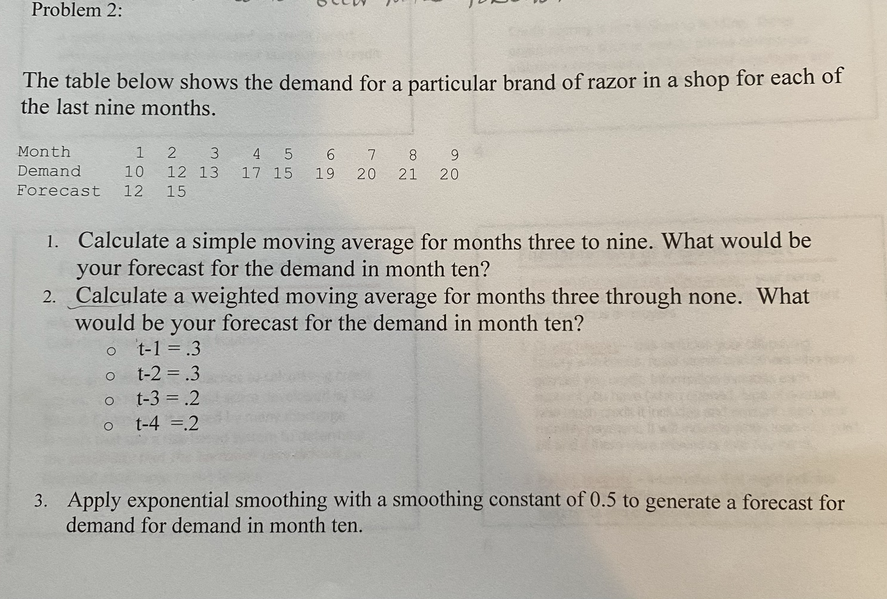 Problem 2: The table below shows the demand for a particular