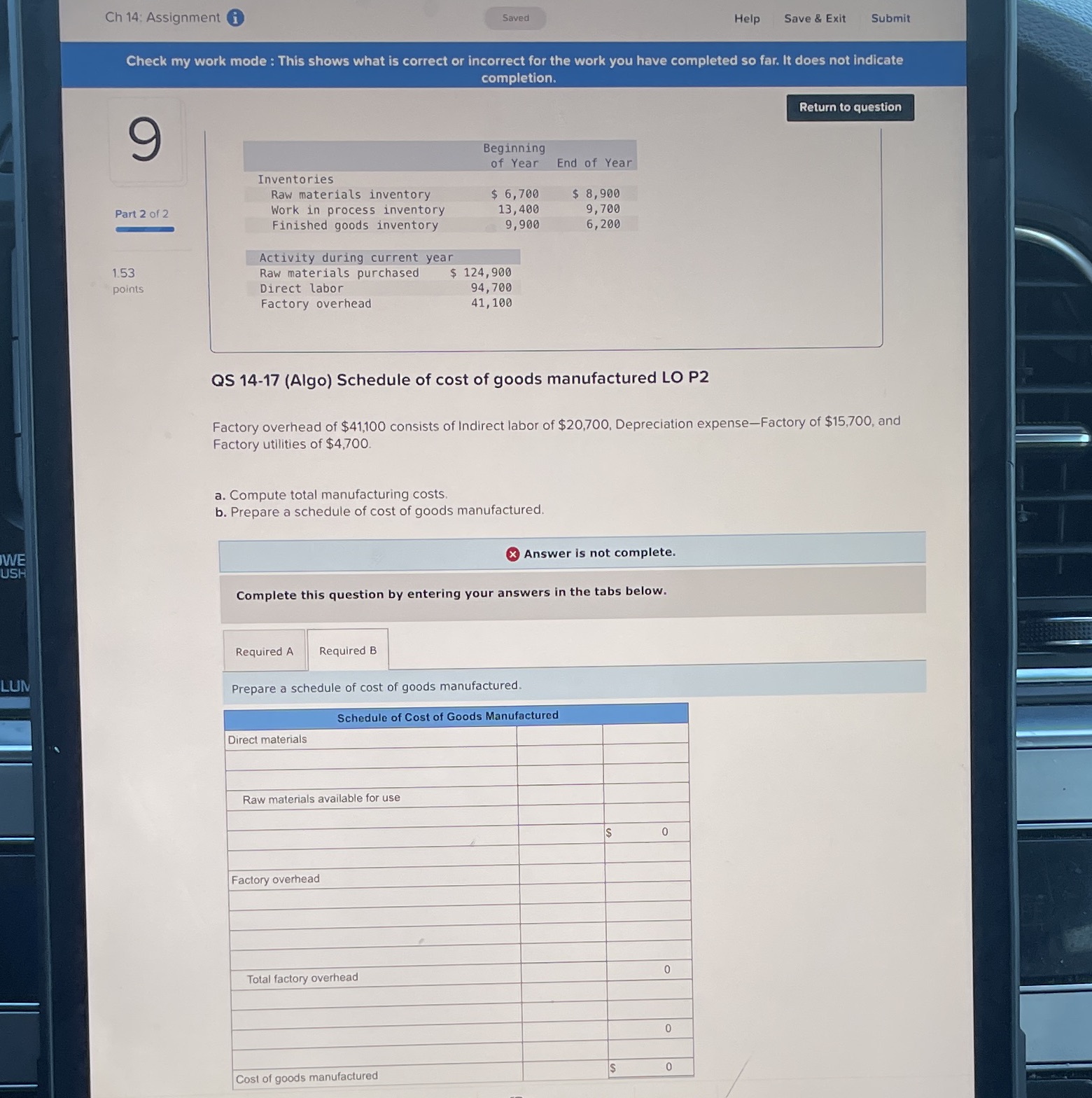 9 Ch 14: Assignment i Saved Help Save & Exit Submit Check