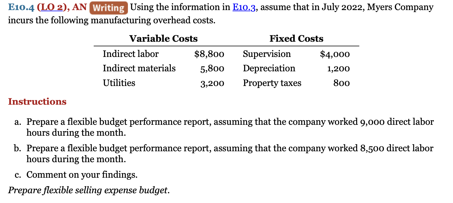 E10.4 (LO 2), AN Writing Using the information in E10.3, assume