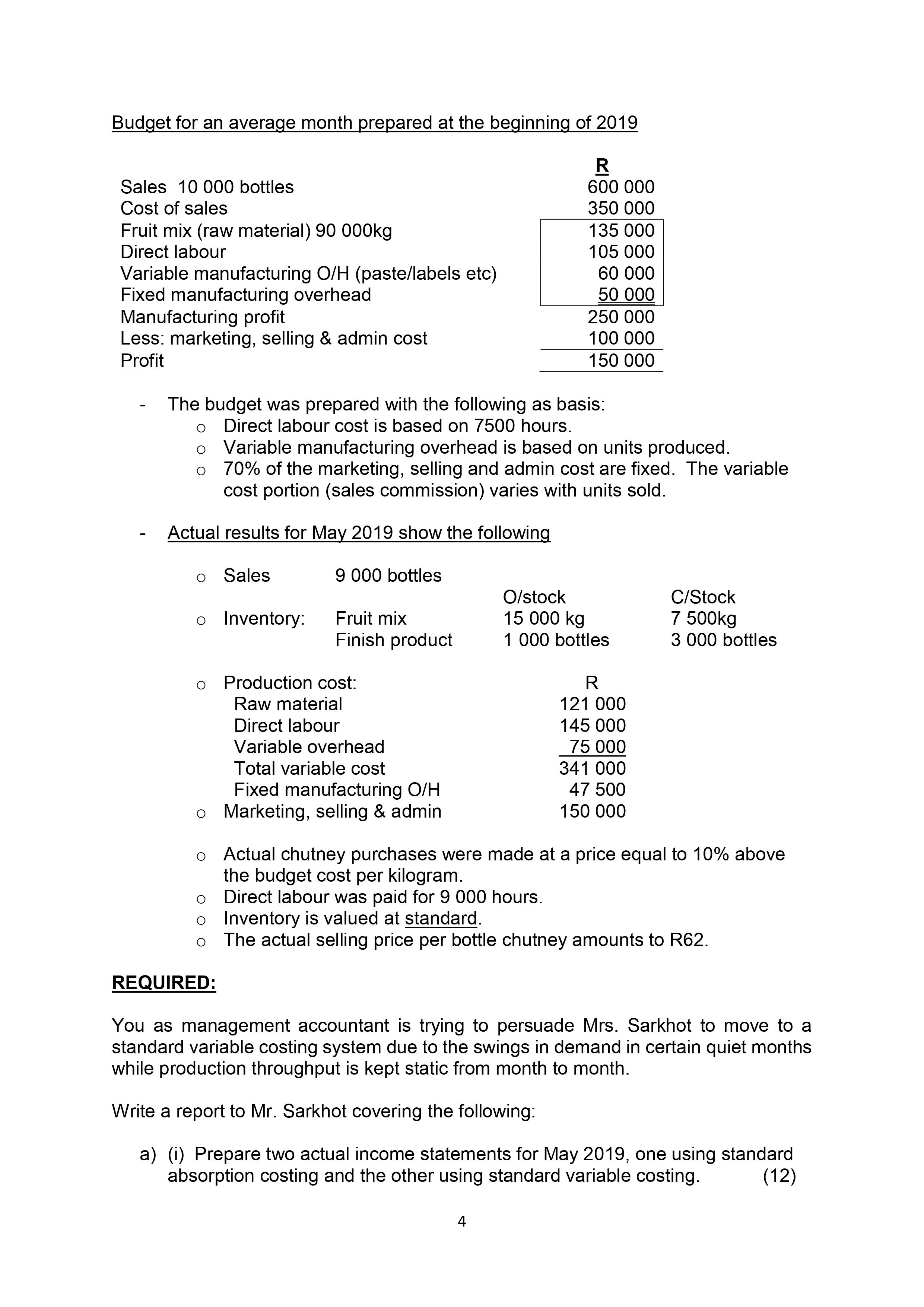 The topic is standard costing QUESTION 1 (40 MARKS) Bladjang (Pty) Ltd