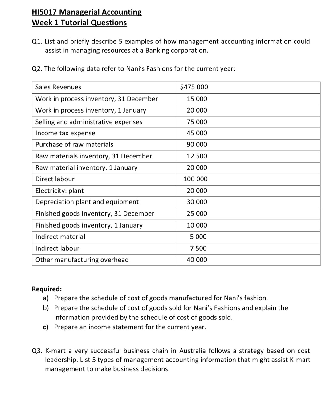 Need solution HI5017 Managerial Accounting Week 1 Tutorial Questions Q1. List and