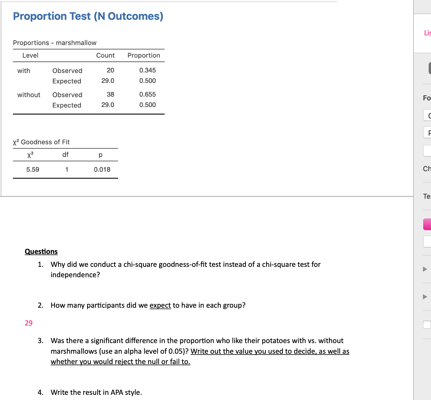  Proportion Test (N Outcomes) Proportions - marshmallow Level Count Proportion with