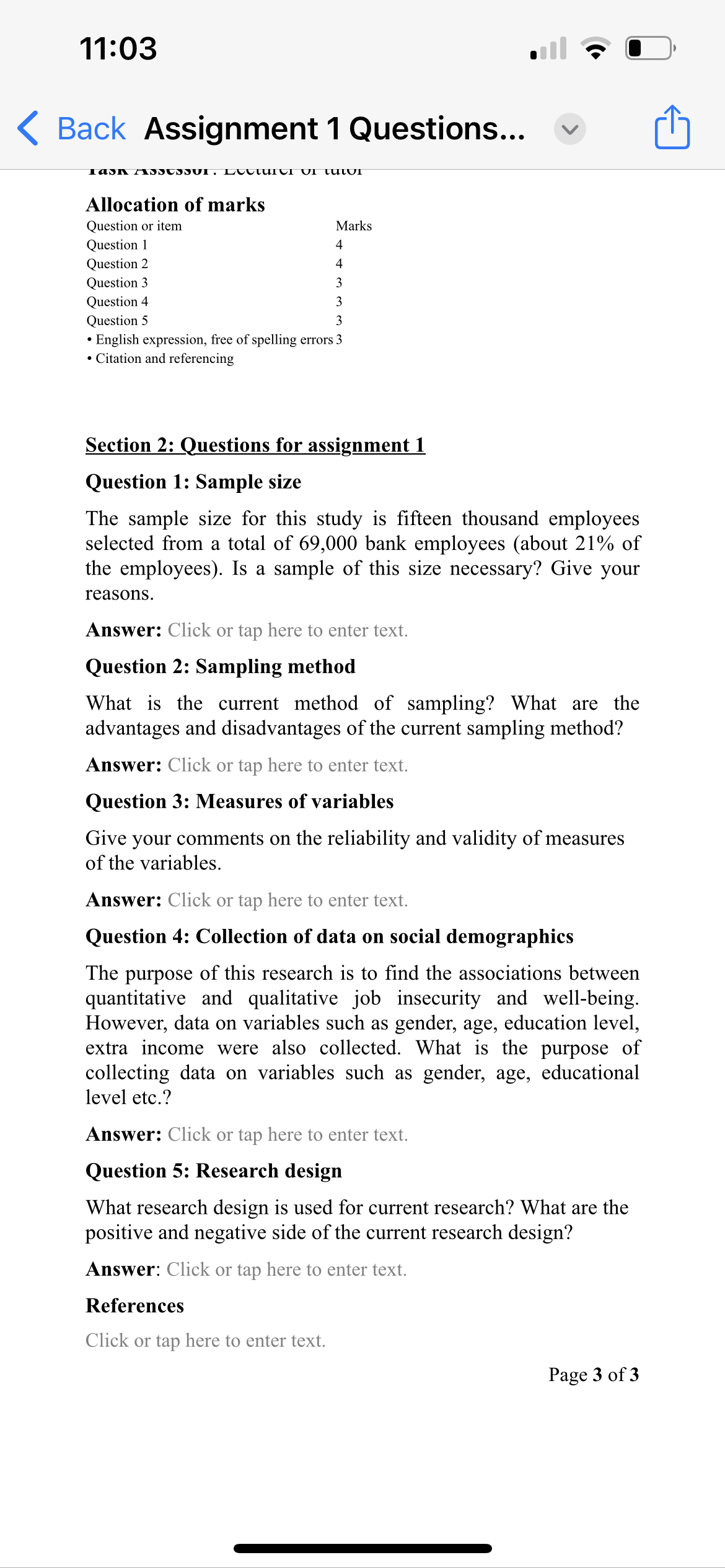 11:03 Assignment 1 Questions... Back Allocation of marks Question or item Question