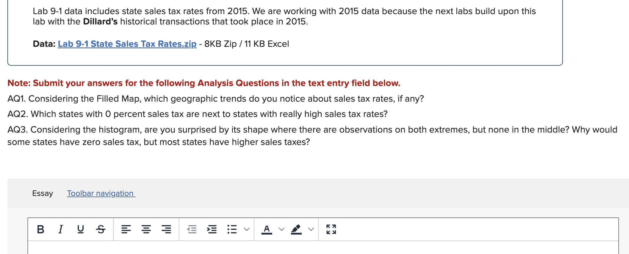  Lab 9-1 data includes state sales tax rates from 2015. We