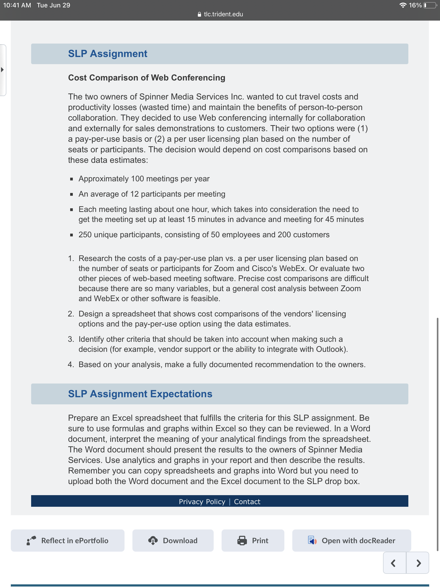  10:41 AM Tue Jun 29 tlctridentedu SLP Assignment Cost Comparison of