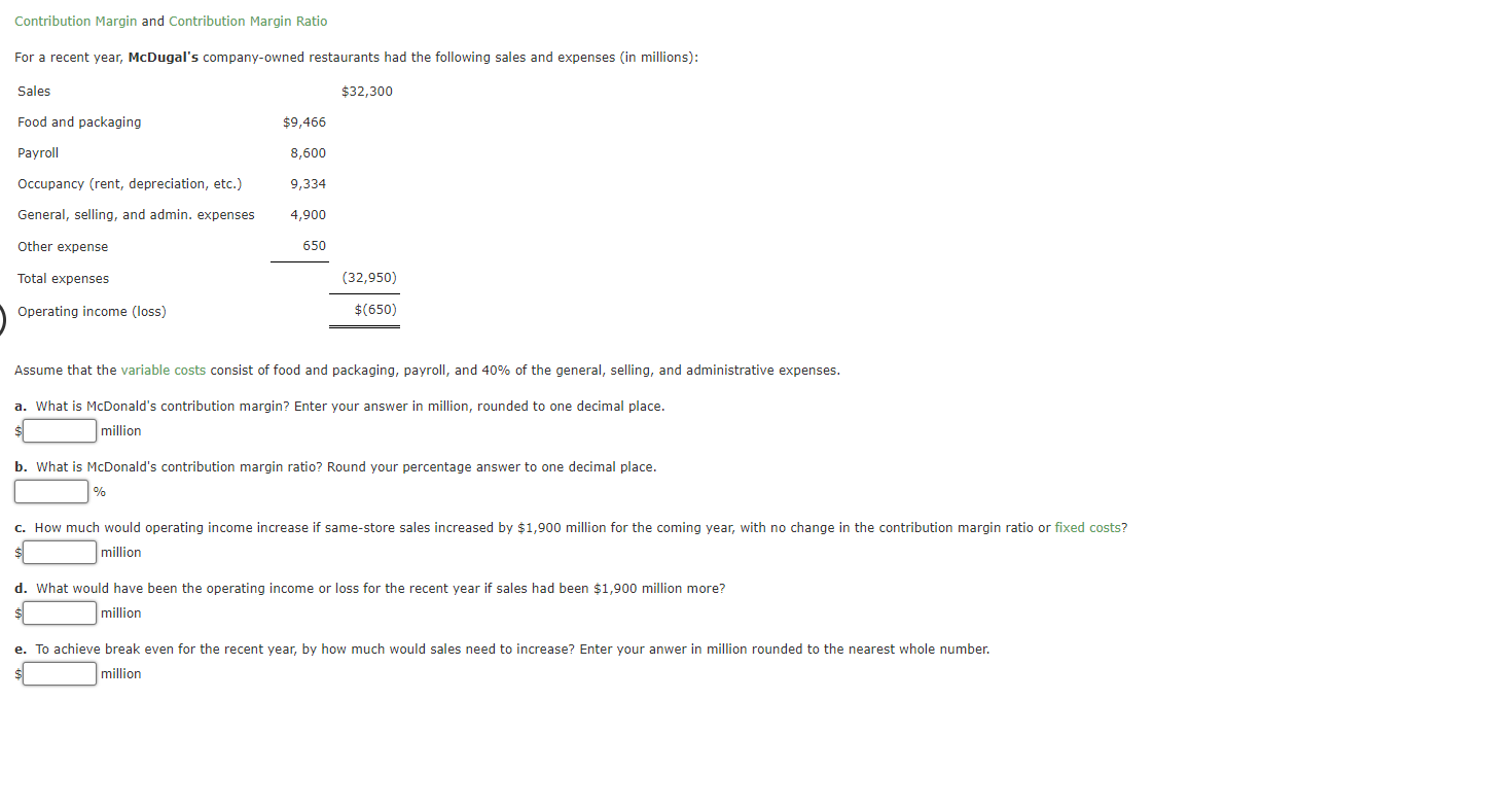Contribution Margin and Contributior Margir' Ratio For a recent year, McDugal's