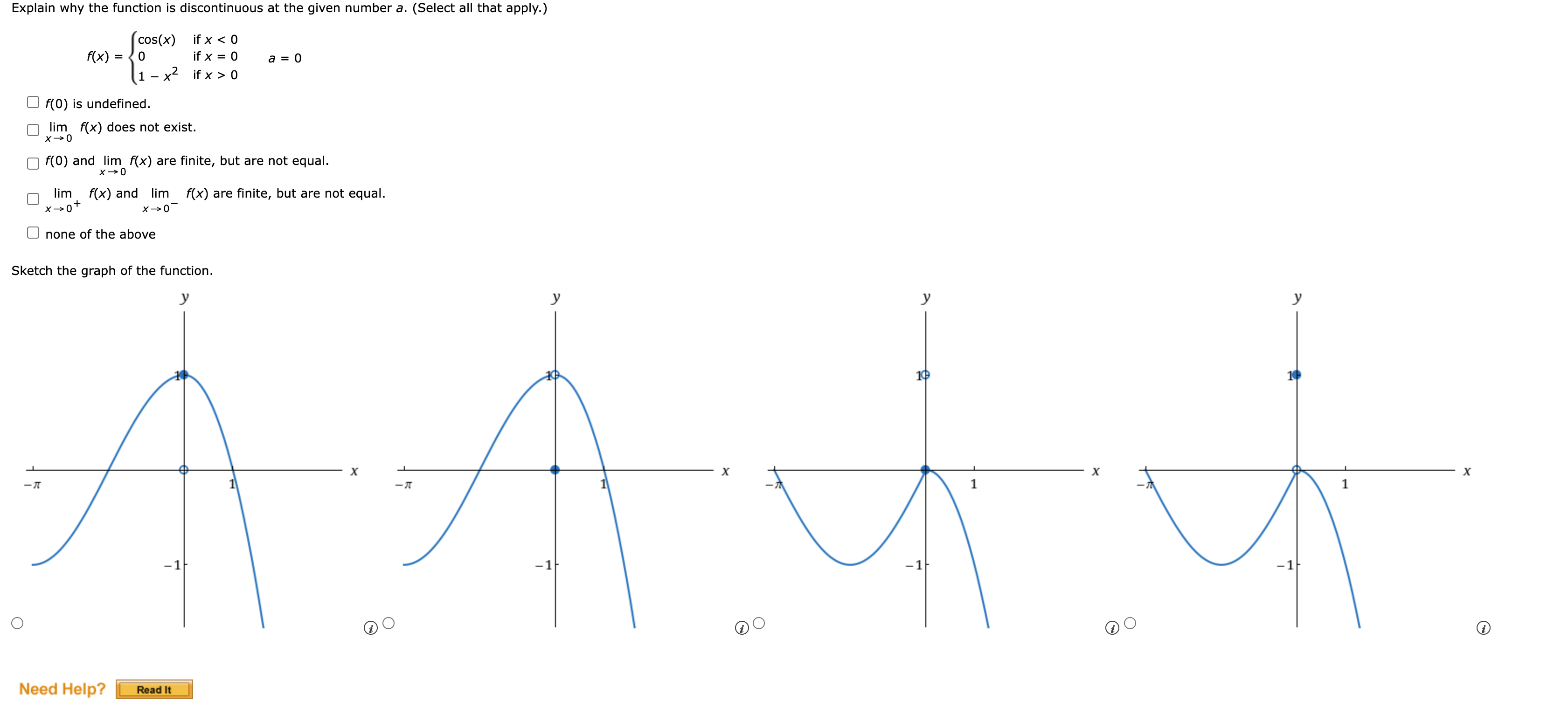  Explain why the function is discontinuous at the given number a.