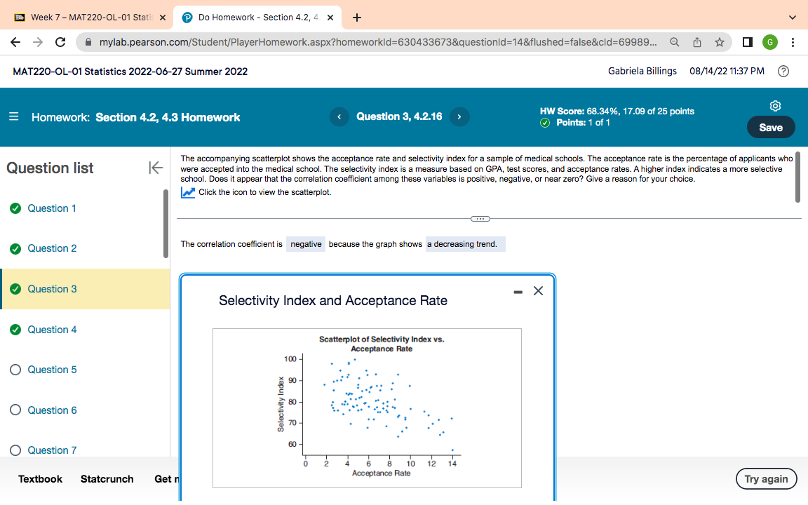 Bb Week 7 - MAT220-OL-01 Statis x Do Homework - Section