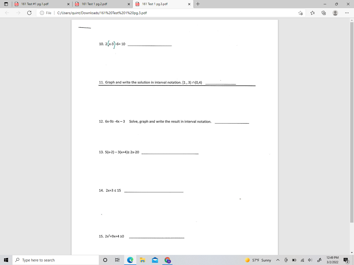 C:/Users/quint/Downloads/161%20Test%20%231%20pg.1.pdf ... Test Sections 1.2-1.7, 3/6.1 Math 253 16/ 1. Solve 2x-4(5x+1)=3x+17