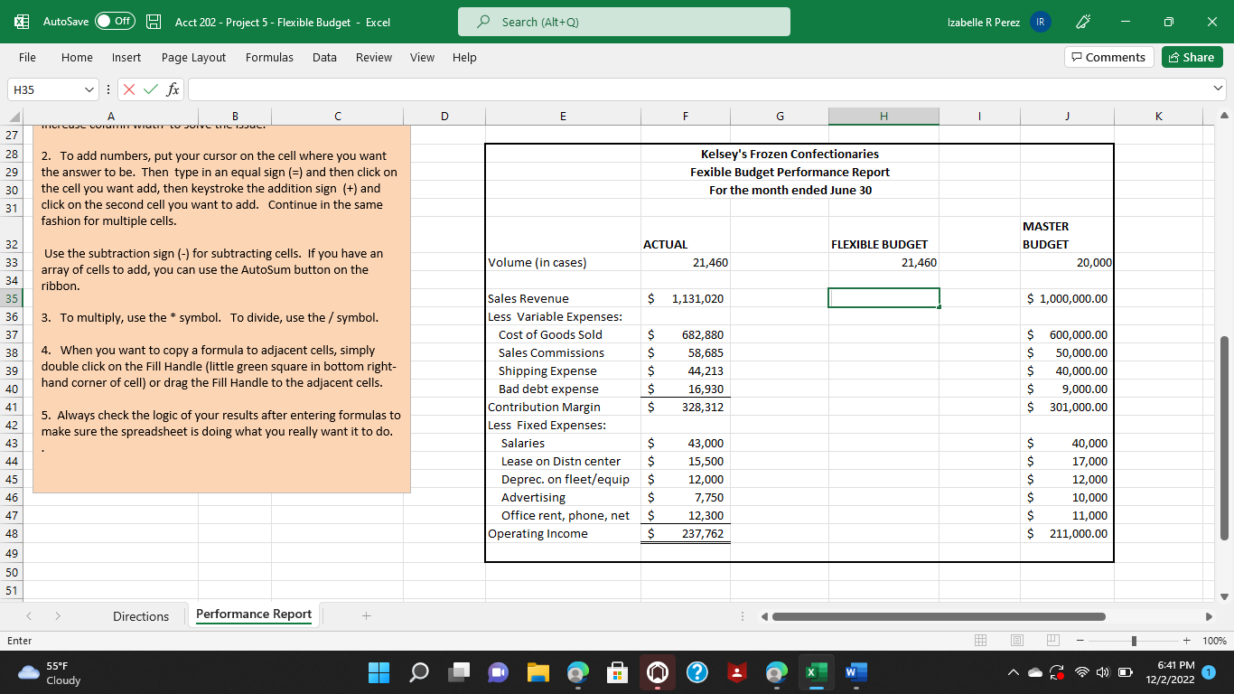  AutoSave Off H Acct 202 - Project 5 - Flexible Budget
