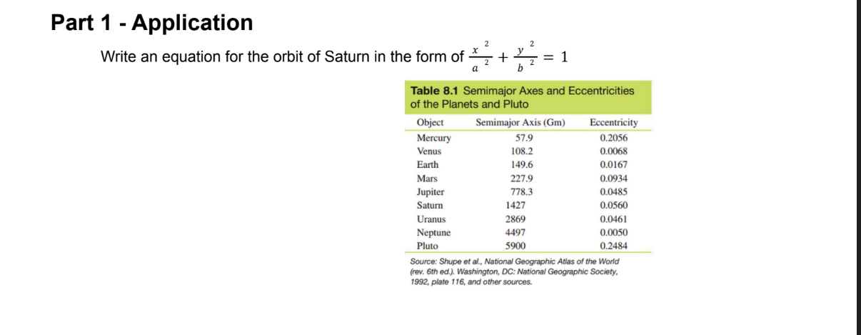  Part 1 - Application 2 Write an equation for the orbit