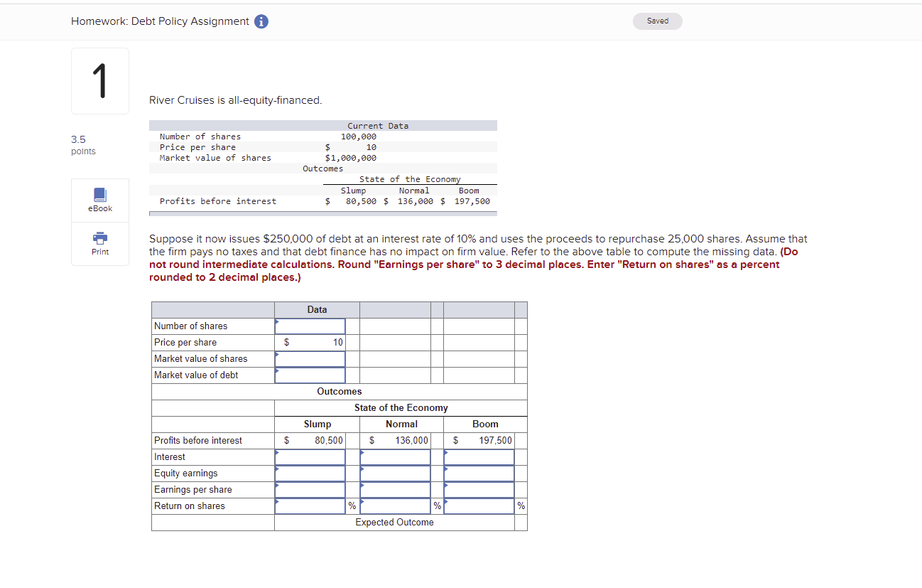 Need help with this problem Homework: Debt Policy Assignment i Saved River